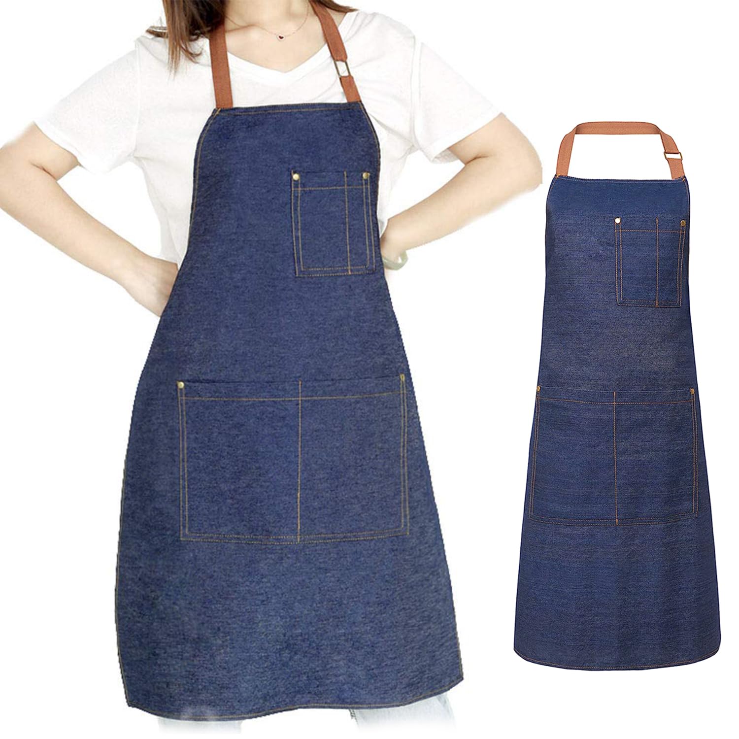SubTack Unisex Denim Aprons with Pockets - Adjustable Denim Jean Kitchen Apron for Women Men Adjustable Bib Apron for Work Kitchen Cooking