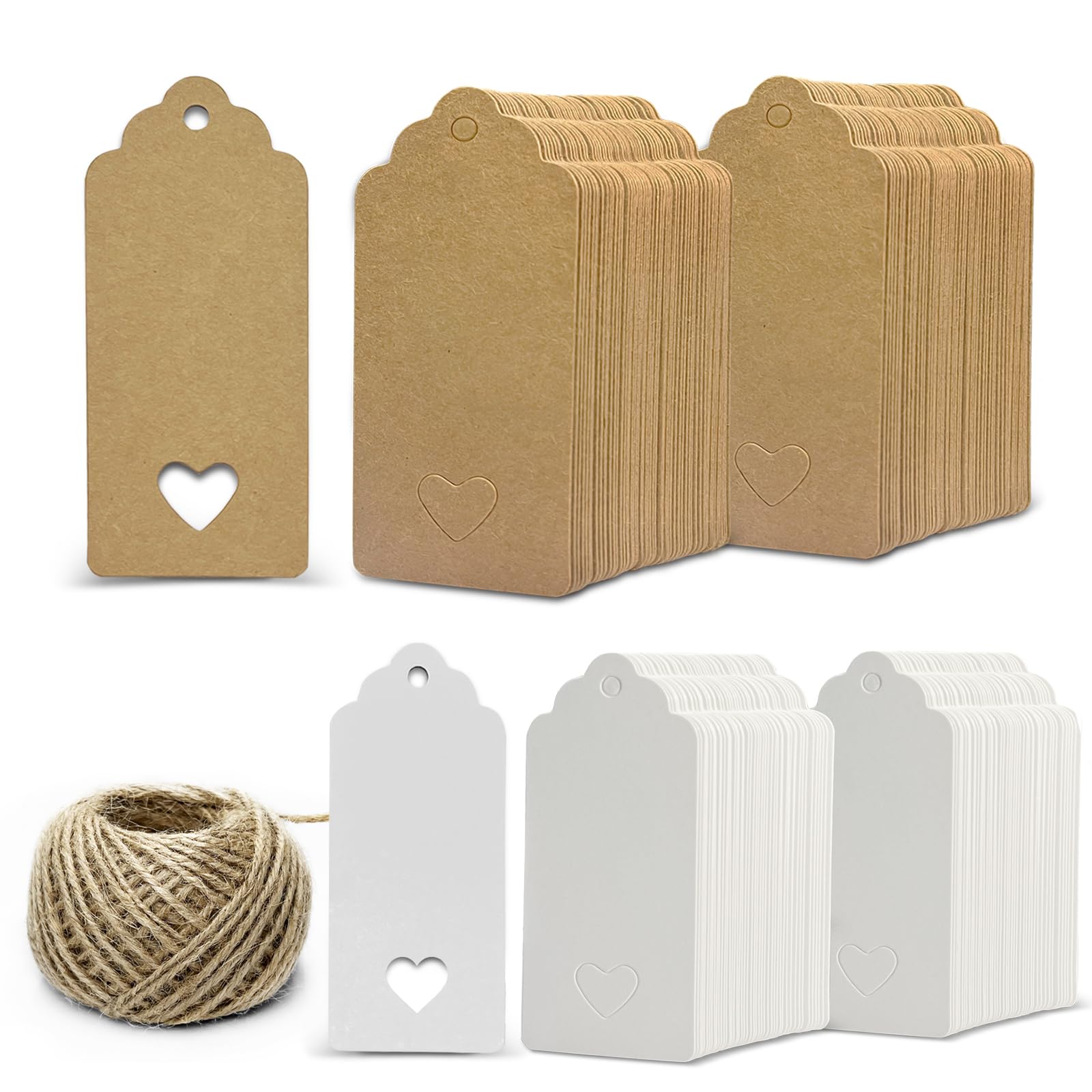 Kraft Paper Gift Tags - 200 PCS Blank Labels, DIY Hollow Heart Shapes, Christmas Craft Hang Tags with 30 M Jute Twine - 100 White + 100 Brown