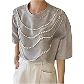 SweatyRocks Women's Pearl Short Sleeve T Shirt Summer Casual Crew Neck Solid Tee Tops
