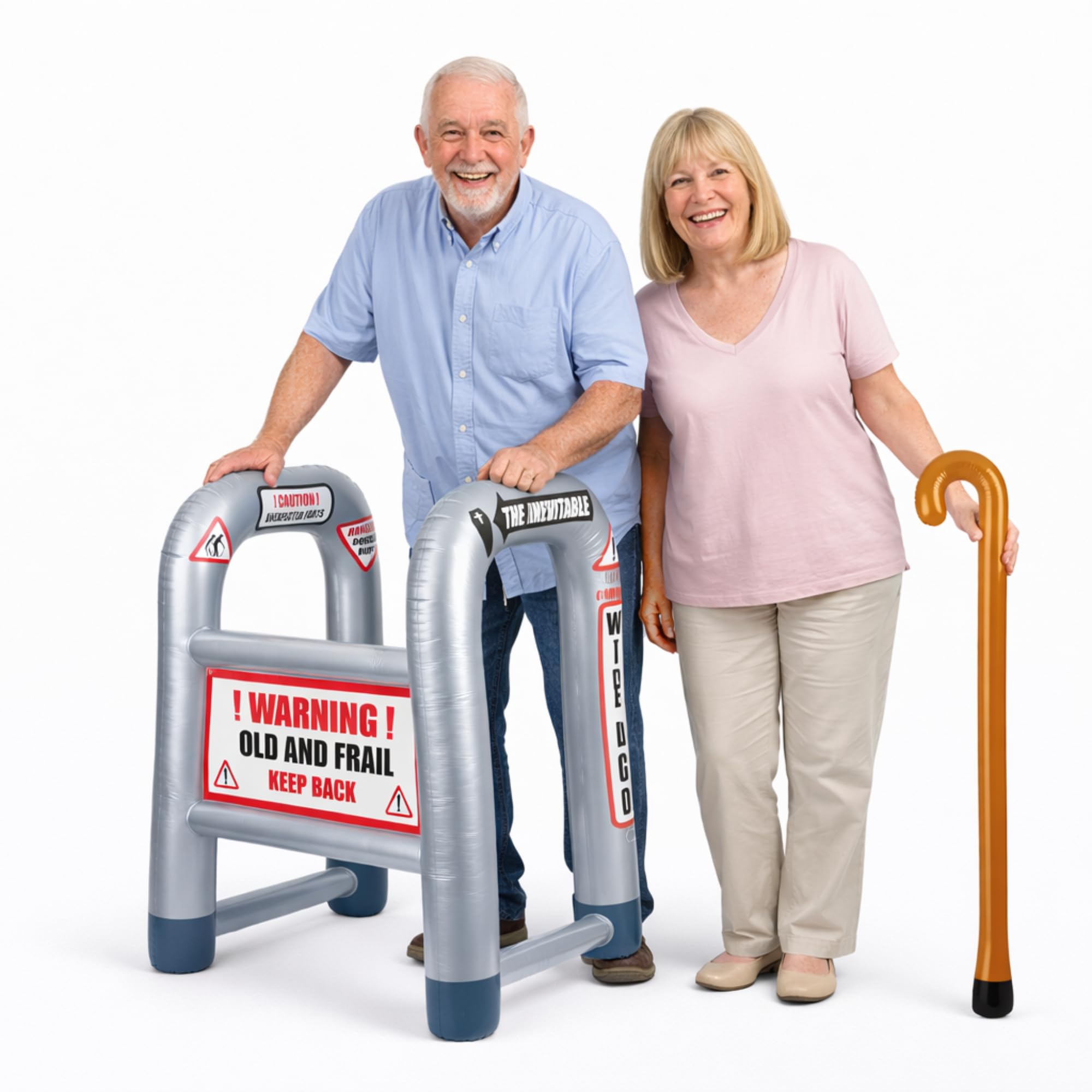 FNA FASHIONS® Inflatable Zimmer Frame & Walking Stick Set – 35" Blow-Up Plain & Printed Joke Props | Funny Retirement, 50th 60th Birthday Gifts for Men (Printed Silver/Black)