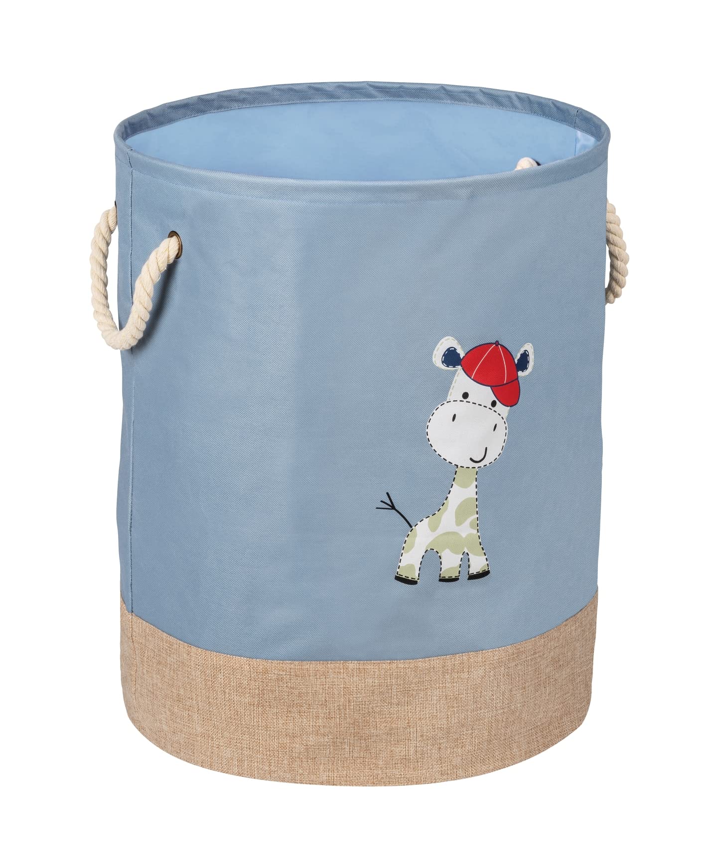 WENKO Kids Gerry laundry bin, blue, round laundry bag for children in modern pigeon blue with cute giraffe print and two cotton handles, 63 litres of laundry storage in one compartment, Ø 40 x 50 cm