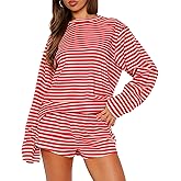 VFURYGD Women 2 Piece Pajamas Set Striped Print Crewneck Long Sleeve Loose Top Shorts Matching Lounge Sets