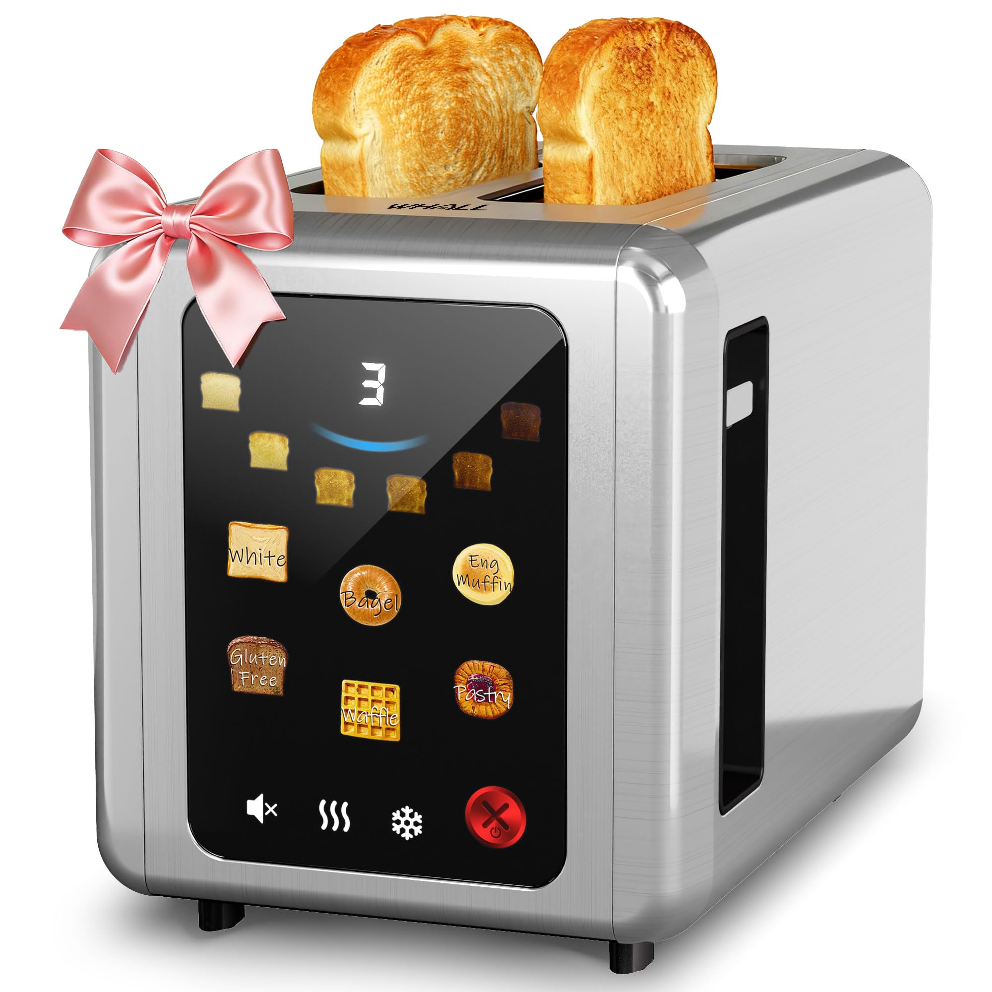 WHALL Full Touch Screen Toaster 2 Slice, 1.5'' Extra Wide Slot Smart Toaster with Digital Timer, 6 Bread Types & 6 Shade Settings, Crumb Tray, Reheat/Defrost, Stainless Steel Bread Toasters, Silver Image
