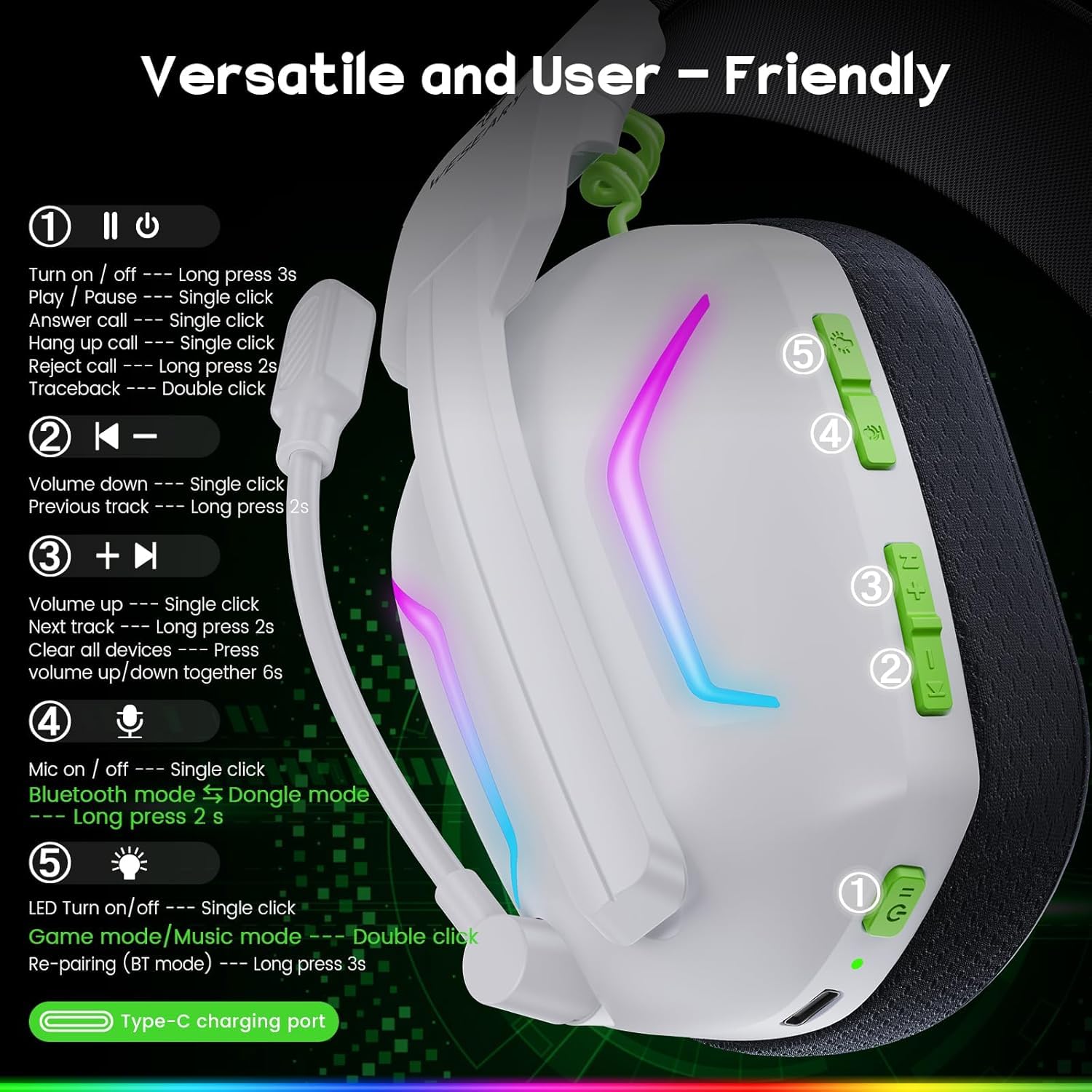 WESEARY Gaming Headset Wireless mit Mikrofon für PS5 PS4 PC Switch Handy 9