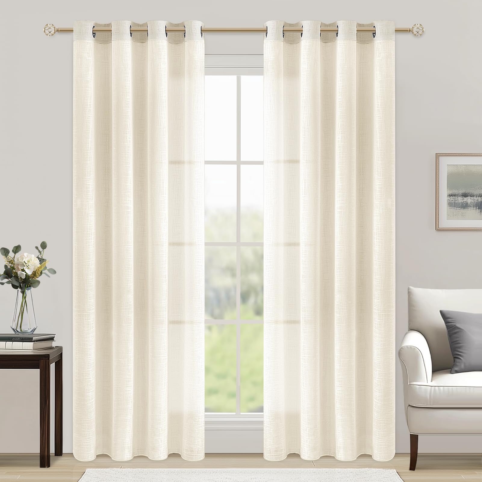 MRTREES Ivory White Linen Textured Voile Eyelet Curtains 88 Drop 2 Panels Long Window Semi Transparent Sheer Curtain Panels for Living Room Bedroom Bay Window Weave Slub Design 140x225cm