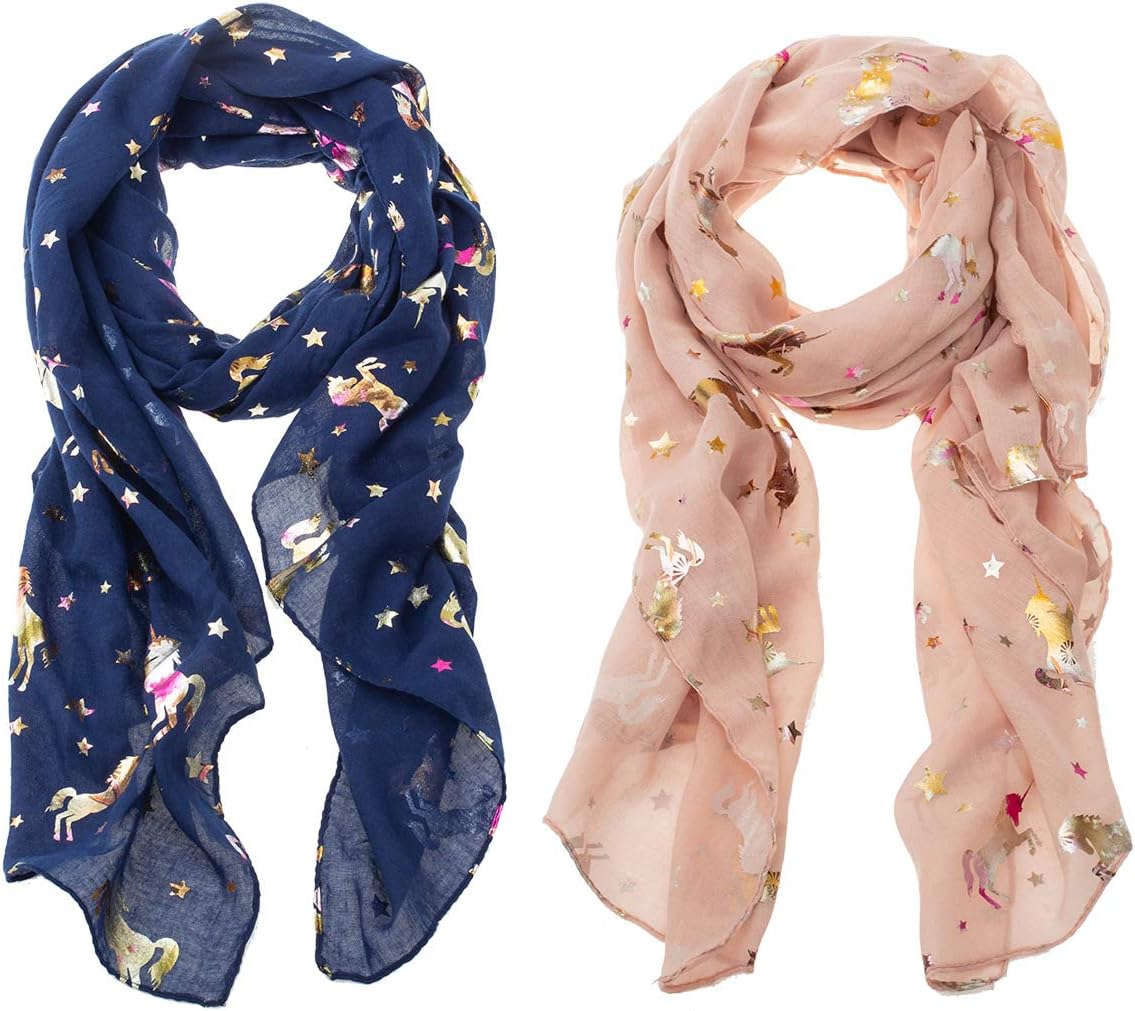 UltraOutlet 2 Packs Lightweight Long Scarfs for Women Sheer Voile Fashion Scarves Silver Unicorn Print Scarf