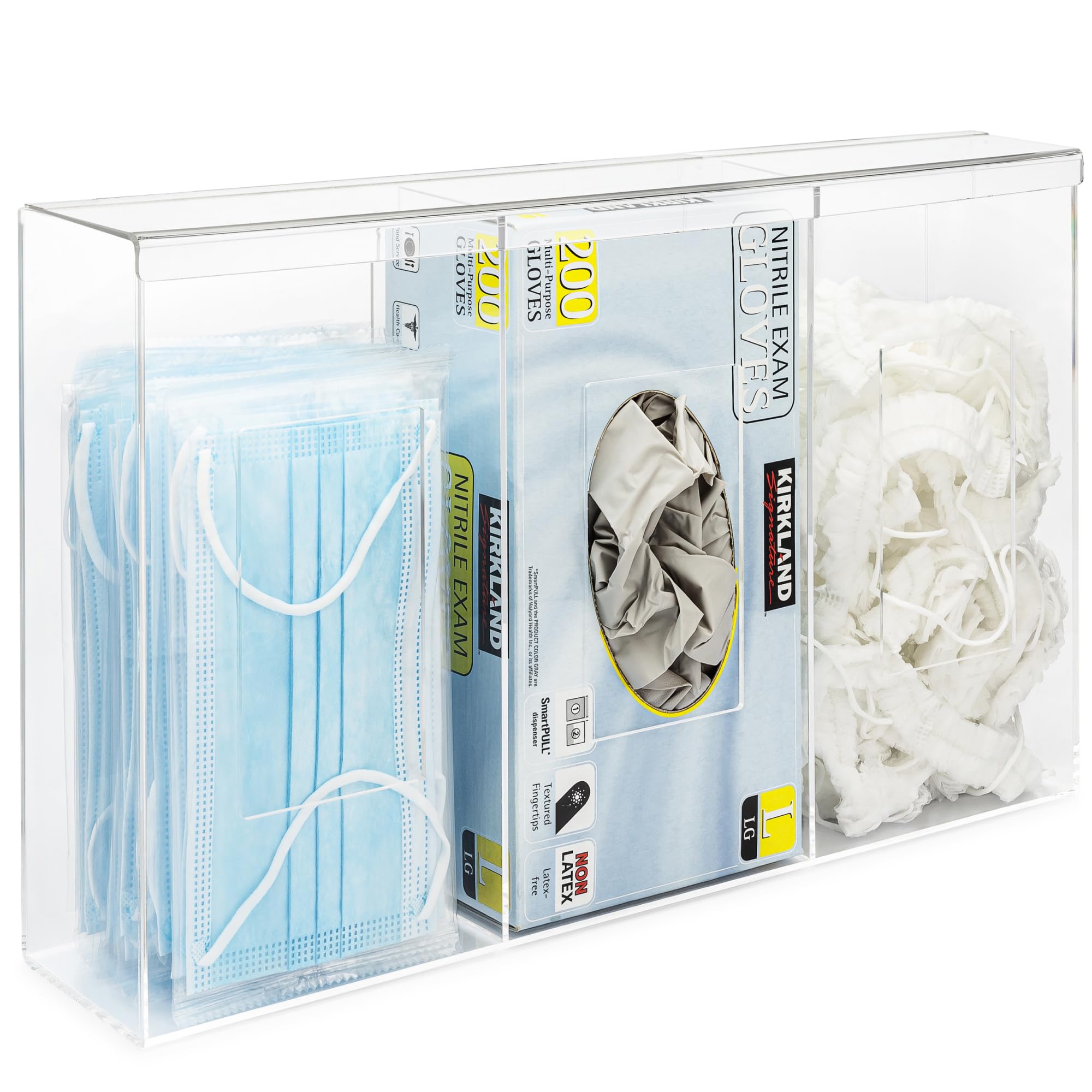 SEANADO Clear Acrylic Glove Dispenser With Lid, 3 Compartments, Hygienic Storage Box For Beard Nets, Hair Nets, Plastic Bags, Shoe Covers