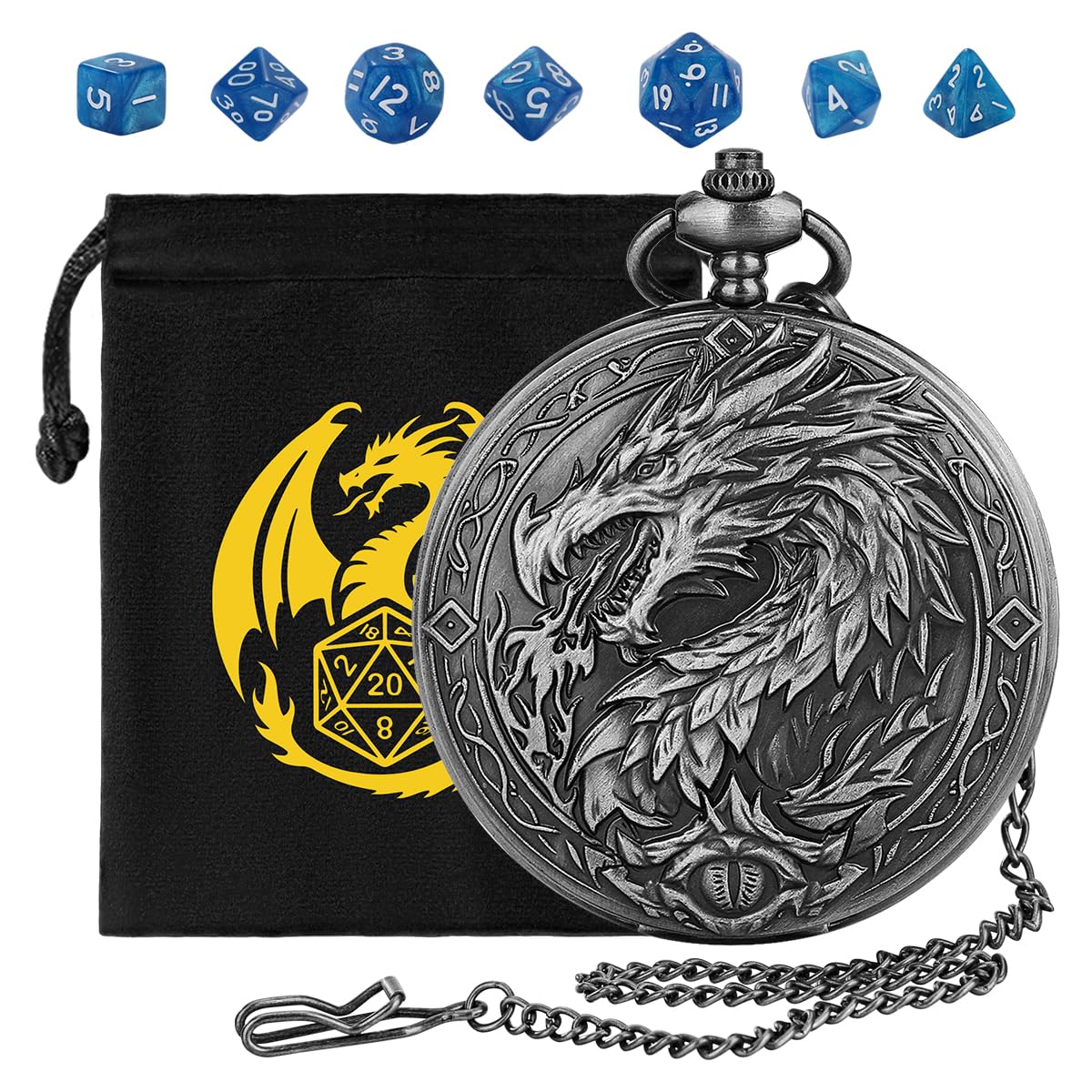 Mini DND Dice Set, 7-Piece Polyhedral Acrylic D&D Dice, with Steampunk Dragon Large Pocket Watch Case, DND Gift Bag with Dragon Logo, Role Play Board Game Accessories, Dark Silver + Blue