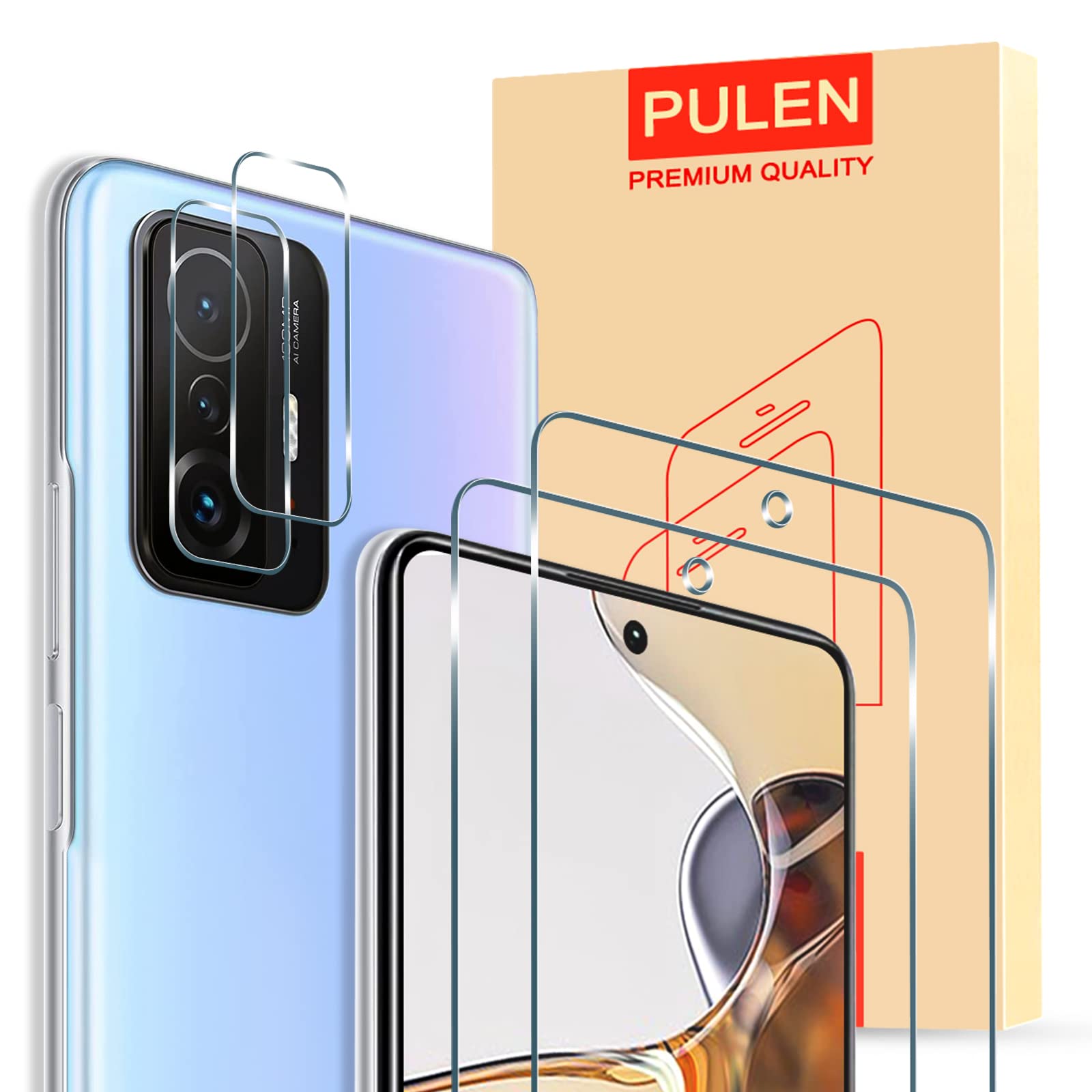 PULEN for Xiaomi Mi 11T 5G / Xiaomi Mi 11T Pro 5G Screen Protector with Camera Lens Protector, Tempered Glass, 2+2Pack