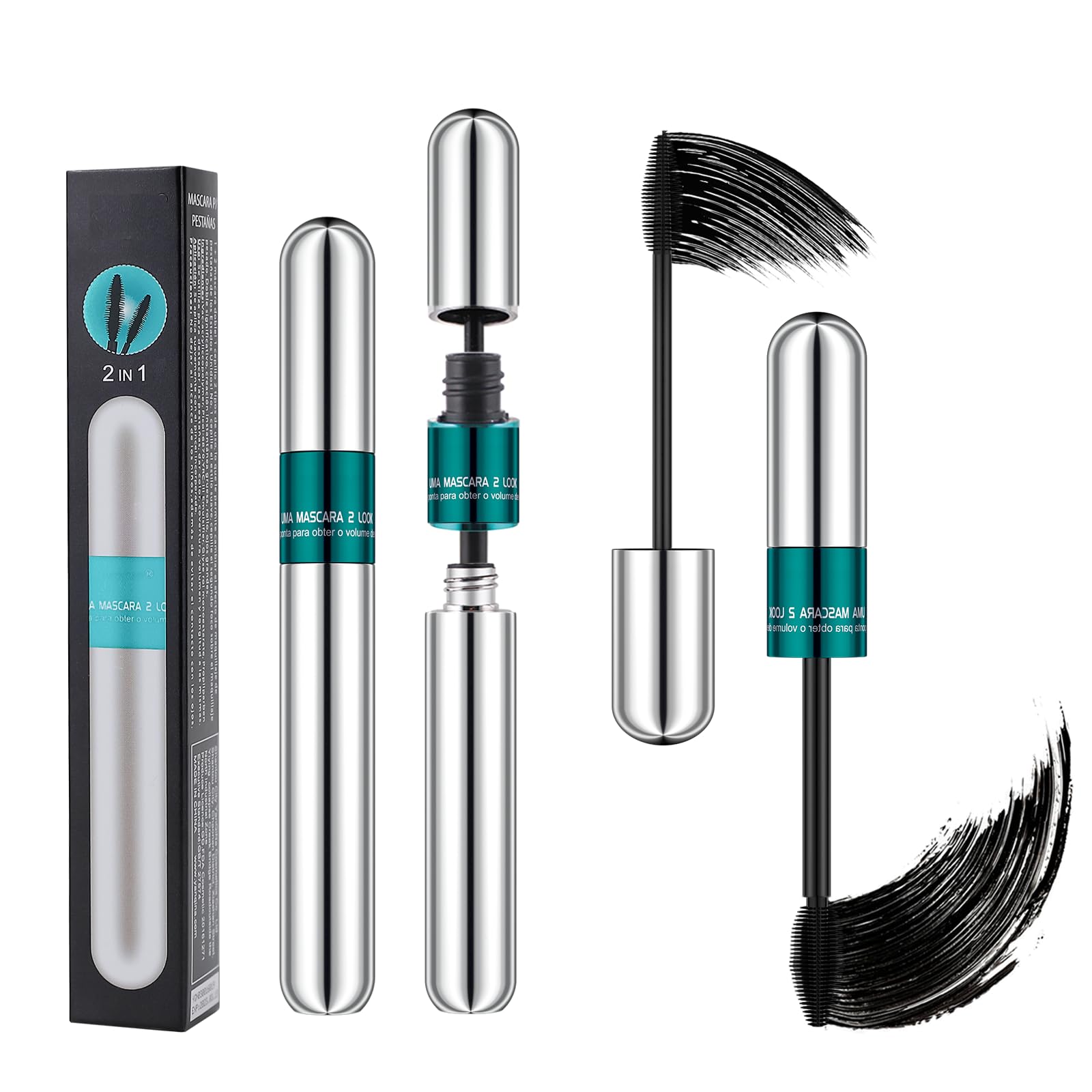 2 in 1 4D Silk Fiber Vegan Mascara, Long Lasting, Natural Lengthening And Thickening Effect, Strong Waterproof