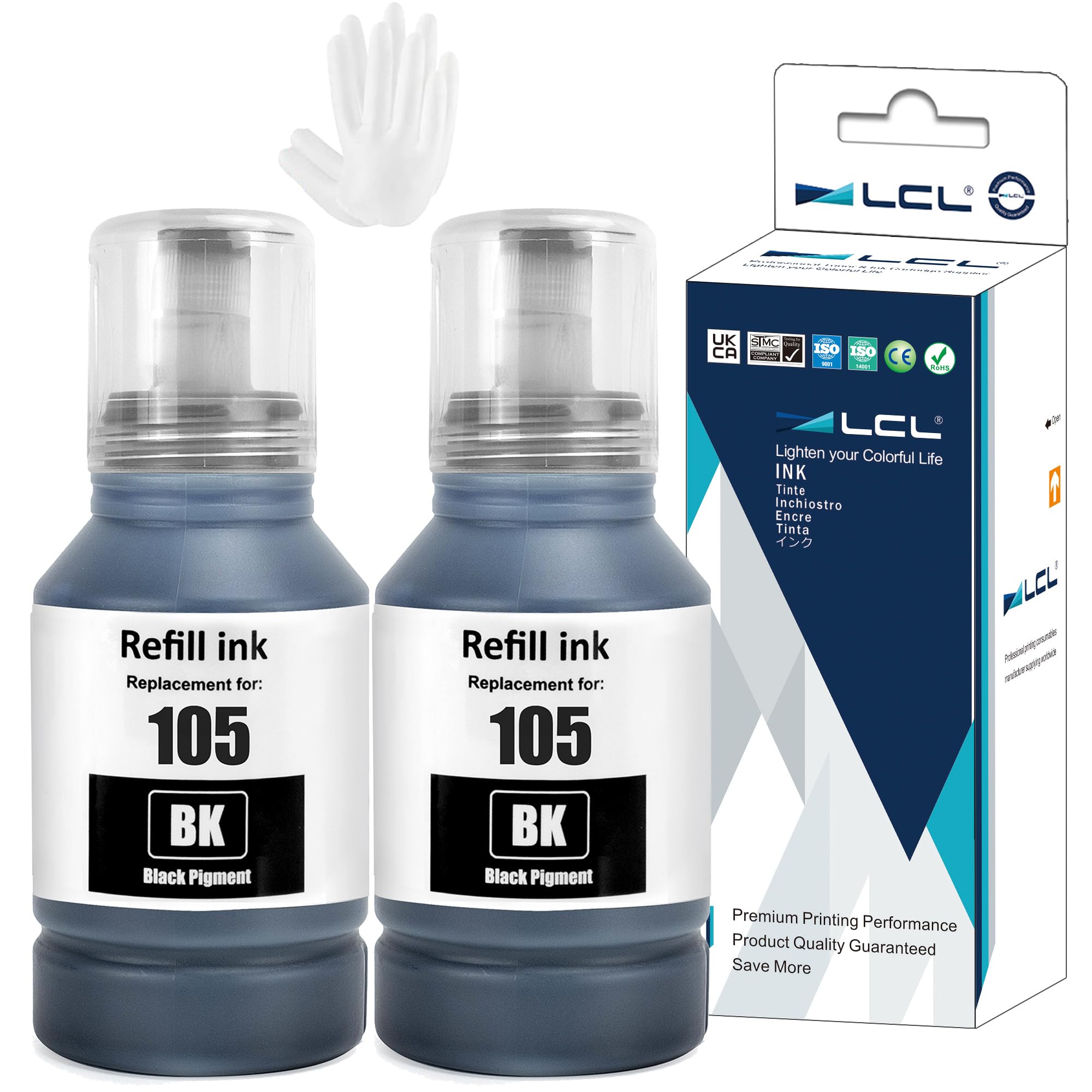 LCL 105 Black High Capacity Ink Bottle Replacement for Epson 105 Ink Cartridge Bottle Multipack Compatible with Epson EcoTank L7160 L7180 ET-7700 ET-7750 Printers (2 Pack)