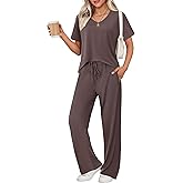 Ekouaer Women's 2 Piece Lounge Set Casual Summer Outfits Ribbed Short Sleeve & Wide Leg Pants Matching Set for Travel Home
