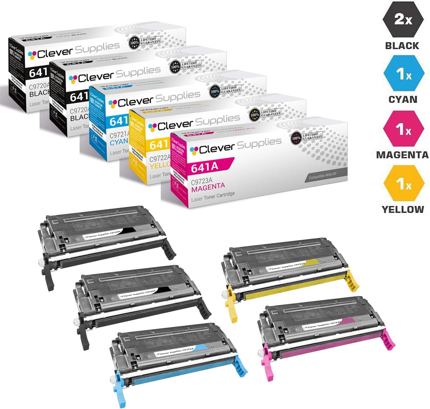 CS Compatible Toner Cartridge Replacement for HP 4650 C9720A Black C9721A Cyan C9722A Yellow C9723A Magenta HP 641A Color Laserjet 4600N 4600DN 4600DTN 4600HDN 4650DN 4650DTN 4650HDN 5 Color Set