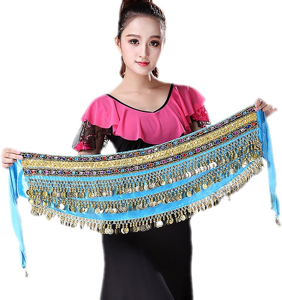 Whitewed Velvet Belly Dancer Hip Scarf with Colorful Jeweled Sequin Trim Coins