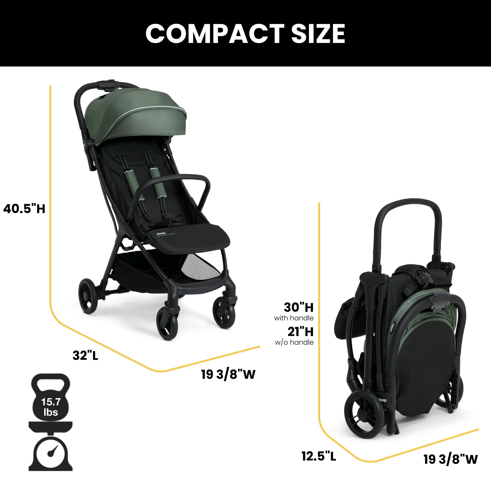 Jeep Altitude Compact Travel Stroller by Delta Children Greenguard Gold, Easy One Hand Fold, Lightweight, Extendable Canopy with Peek-a-Boo Window, Reclining Seat, 4 Wheel Suspension, Olive Green