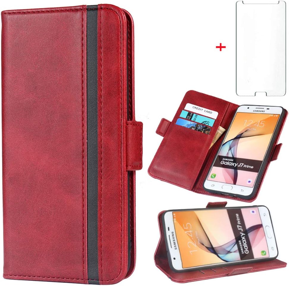 Phone Case for Samsung Galaxy J3 Luna Pro J 3 Prime 2017 Emerge Eclipse Mission Wallet Cases with Tempered Glass Screen Protector and Leather Flip Cover Card Holder Accessories Glaxay S327VL Women Red