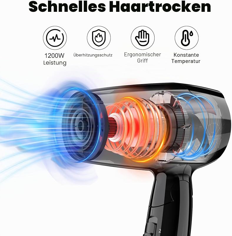 Klappbarer Mini Haartrockner, 1200W Kompakter Föhn mit 2 Heiz- und Geschwindigkeitsstufen, Präzisionsdüse, 1,8 m Kabel, Aufhängehaken, Leichtgewichtig – Ideal für Reisen, Zuhause, Hotel oder WG