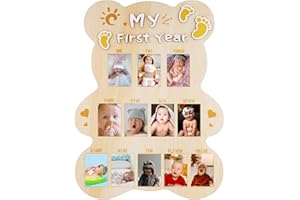 My First Year Picture Frame, Cut Bear Shape Baby Photo Frame Wood Board Personalized 12 Months Baby Photo Display 1st Birthda