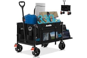 ANTIFIR Collapsible Wagon with Tailgate,Foldable Cart with Wheels,330LBS Resting Large Capacity,2 Drink Holders & Side Pockets,Long Extender,for Groceries,Shopping,Camping,Beach,Garden,Black