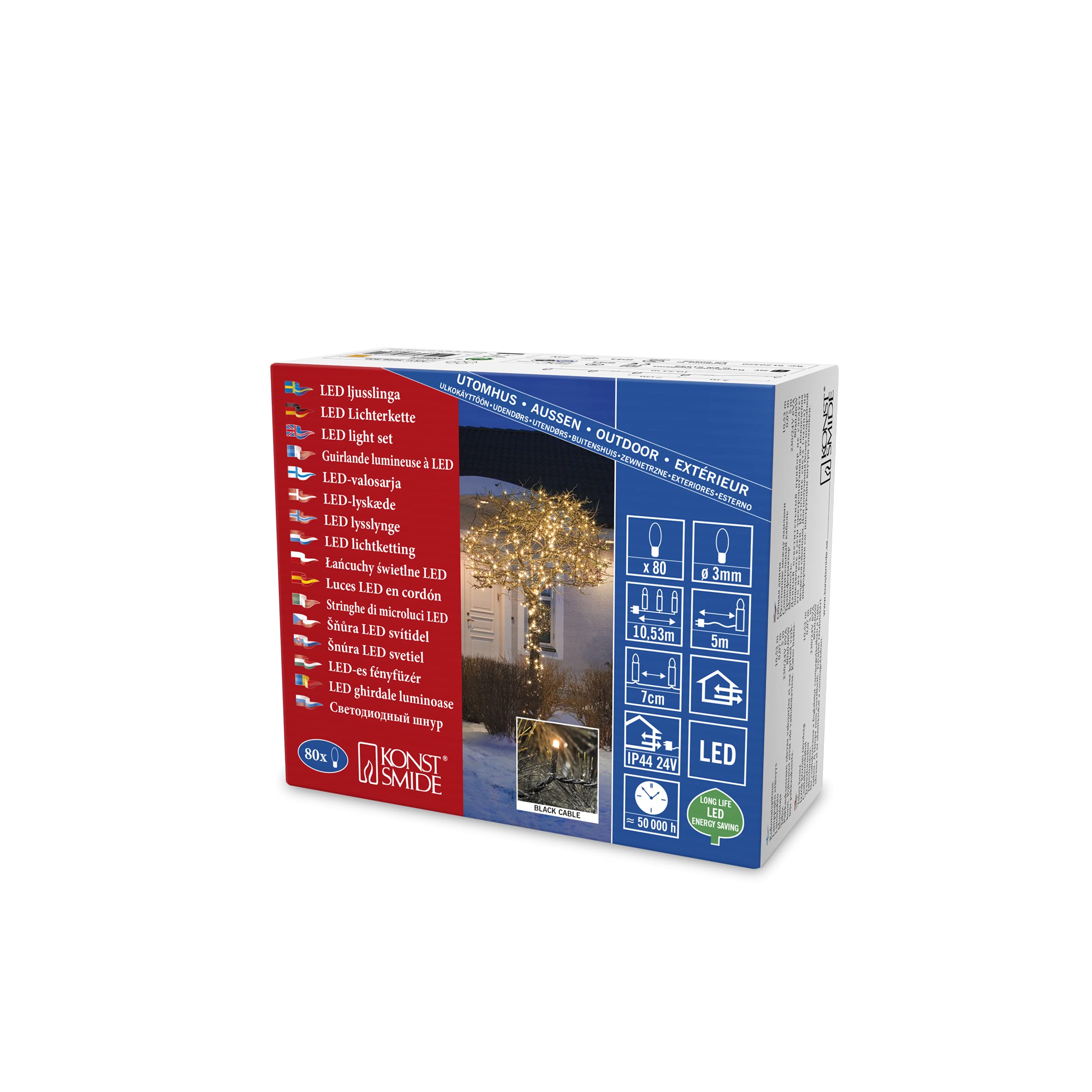 Konstsmide Christmas Lights/LED Fairy Lights/Christmas Tree Lights Outdoor Indoor (IP44)/24V Transformer Plug In/80 Amber White Diodes/Black Cable,3628-800