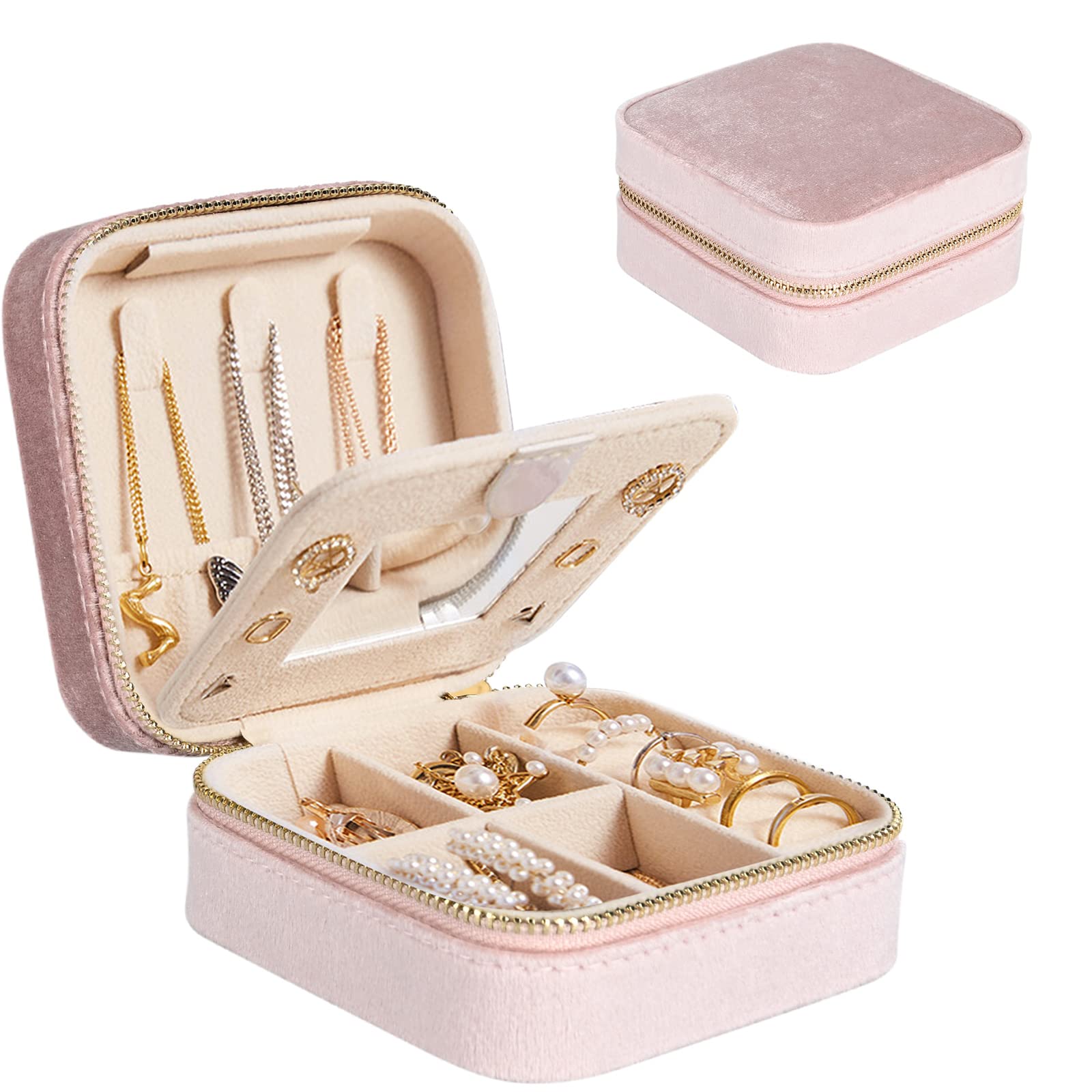 Darbermu Mini Jewelry Box Organiser, Pink Portable Travel Case With Mirror, Velvet Double Layer Bag for Rings, Earrings, Necklaces, Bracelets - Gift for Girls and Women