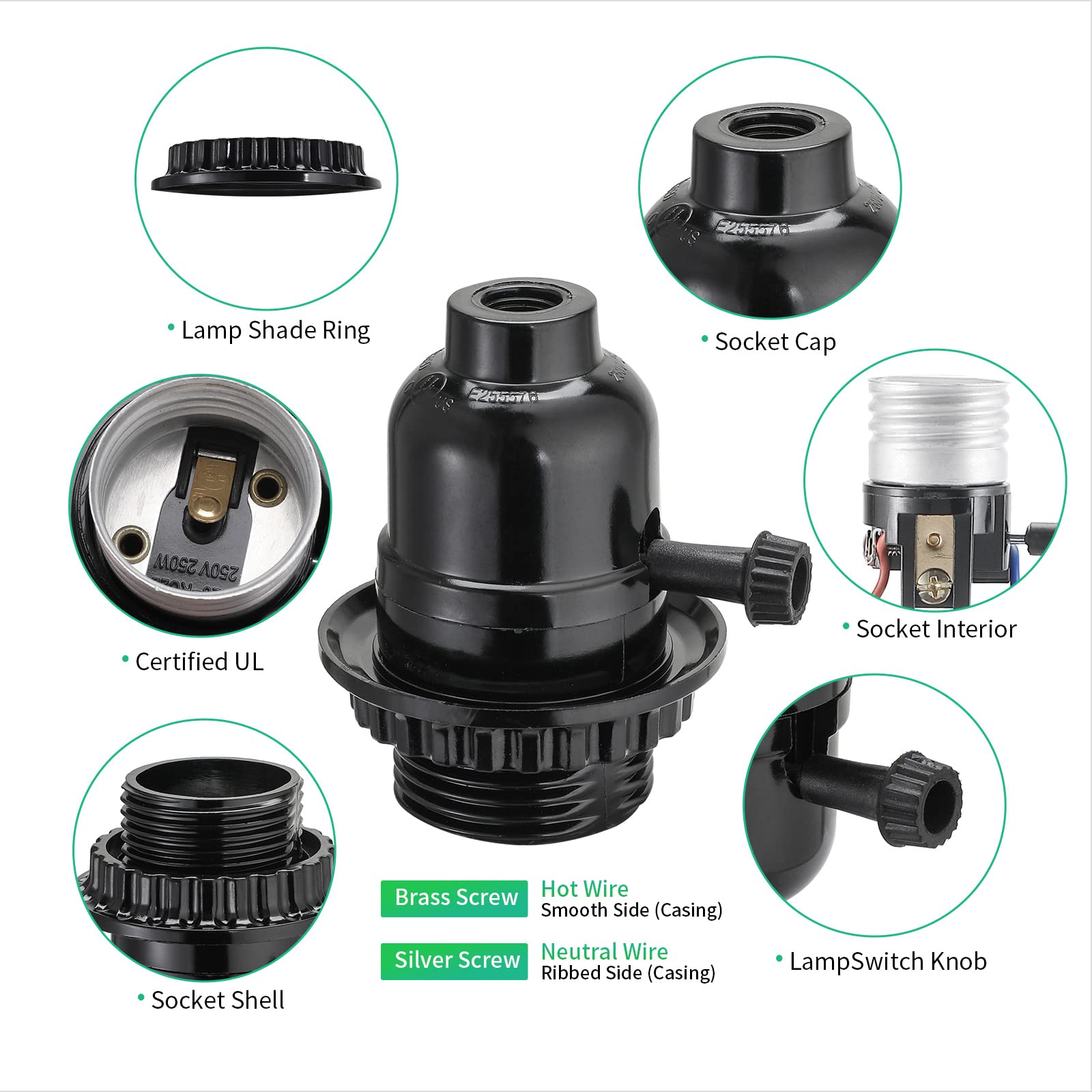 UL Listed E26 Light Socket, Lamp Socket Replacement with ON/Off Switch Medium Base Lamp Parts with 2 Lamp Socket Ring, Light Bulb Fixture Socket for Table Lamp, Floor Lamp, 1-Pack - view 3