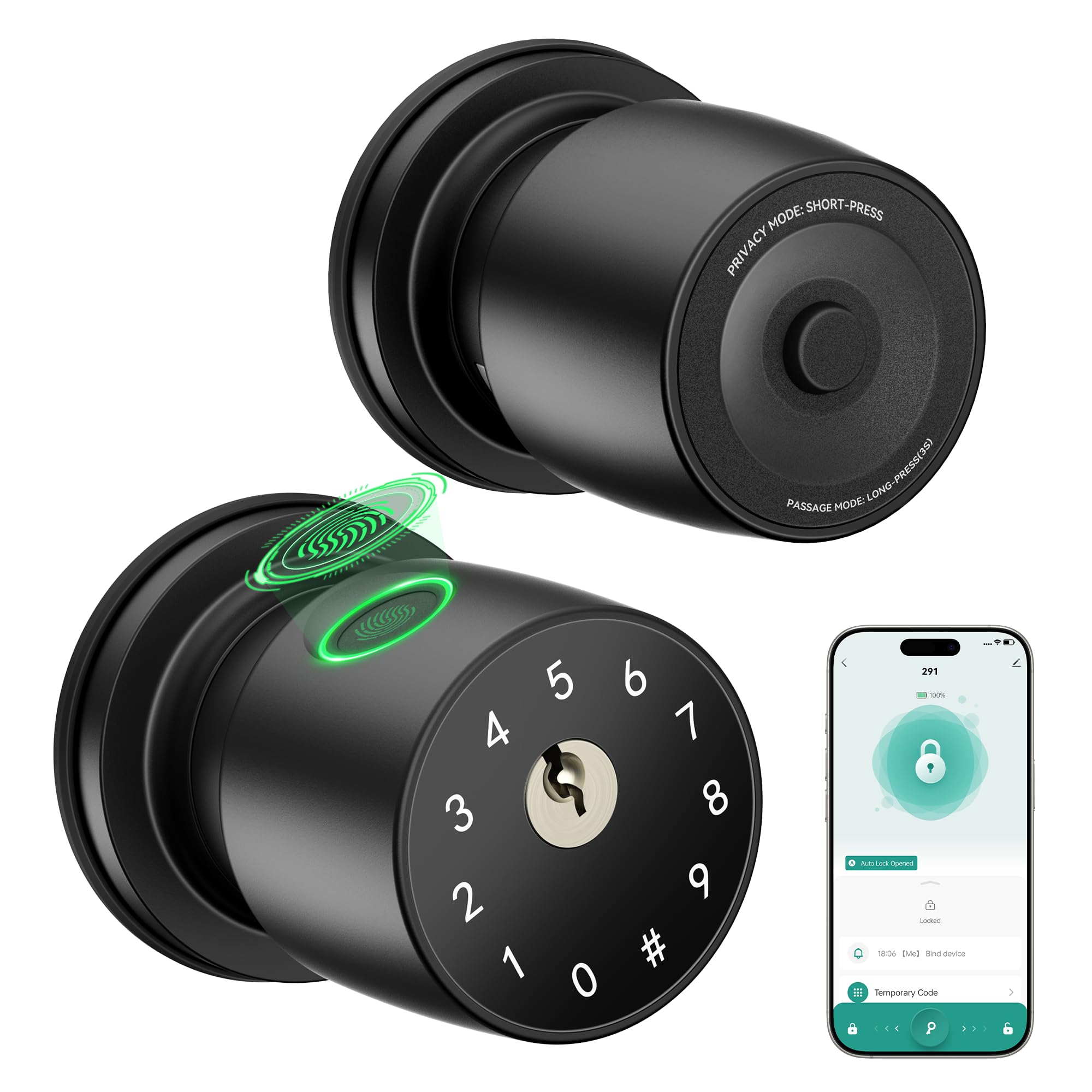 Photo 1 of IRONZON Fingerprint Door Knob for Bedroom - 291Y 4-in-1 Keyless Bedroom Door Knob smart Door knob with App, One-tap Privacy Mode Setup, Auto-Lock Easy to Install - Matte Black