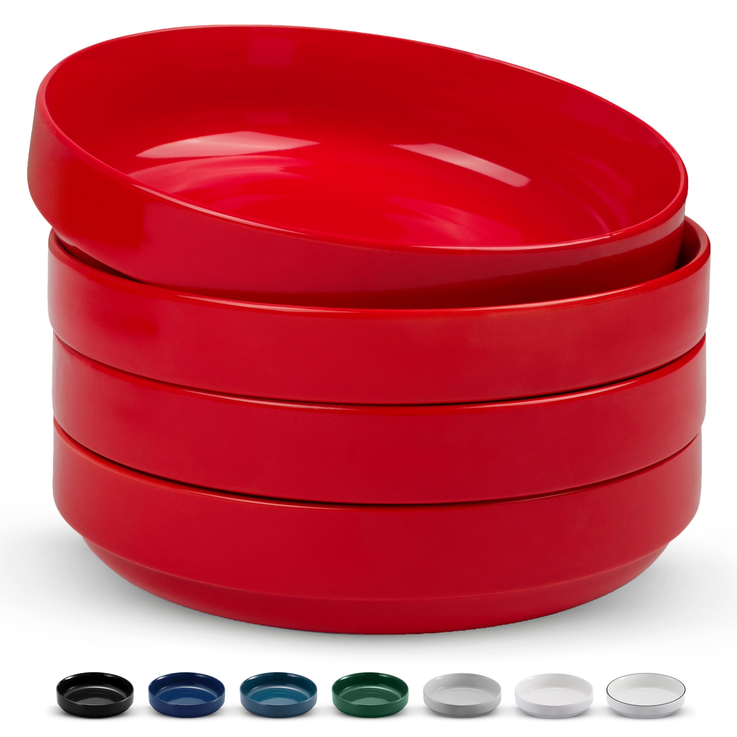 Photo 1 of **IMPERFECT/CHIPPED** KooK Ceramic Large Pasta Bowls, Microwave and Dishwasher Safe, Great for Soups and Salads, Shallow Serving Bowls, Glossy Porcelain, 47 oz, Set of 4, Cherry Red