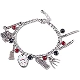 Freddy vs. Jason 15mm Enamel Charm Bracelet - Polished Silver Finish Chain Bangle Jewelry with Black & Red Beads for Men, Women or Unisex - Cool Novelty Item for Classic American Horror Movie Fans