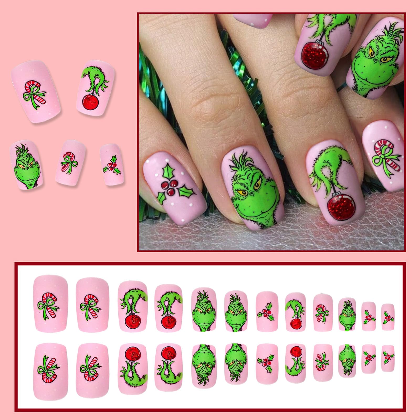 Christmas Press on Nails Short Square Fake Nails Pink Stick on Nails Winter False Nails with Fun Cartoon Green Haired Monster Designs Xmas Candy Cane Press on Nails for Women Girls Holiday Manicure - Image 3