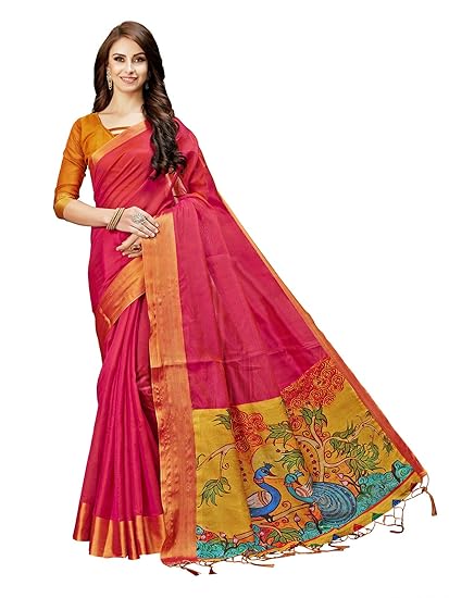 Womens Banarasi Cotton Silk Saree With Blouse Piece (jari_digital_pink_Pink)