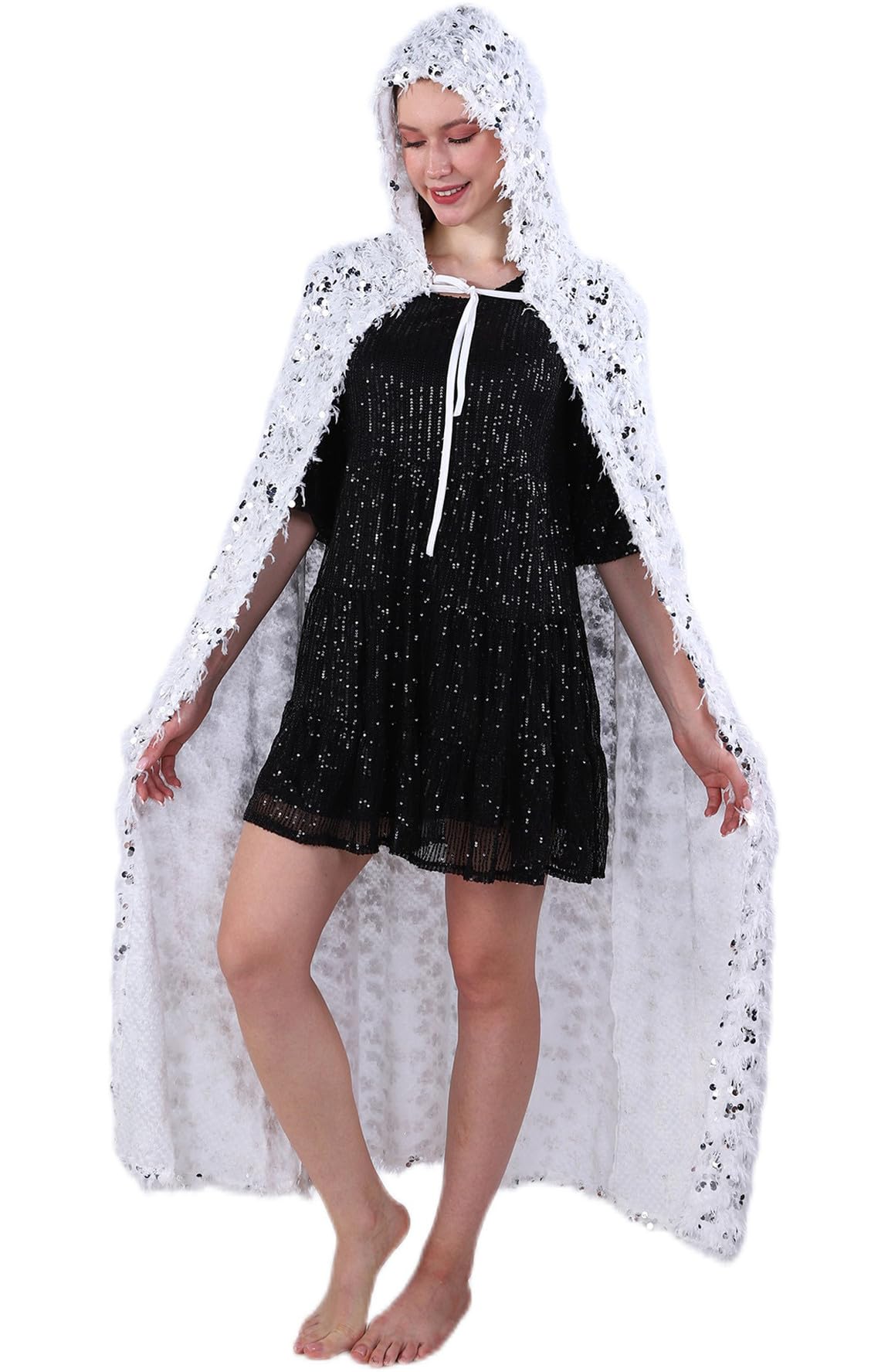 Awlsyj Womens Hooded Cloak Long Velvet Cape Halloween Costumes Robe Masquerade Party Role Cosplay (Faux Feather Tassels Sequin White)
