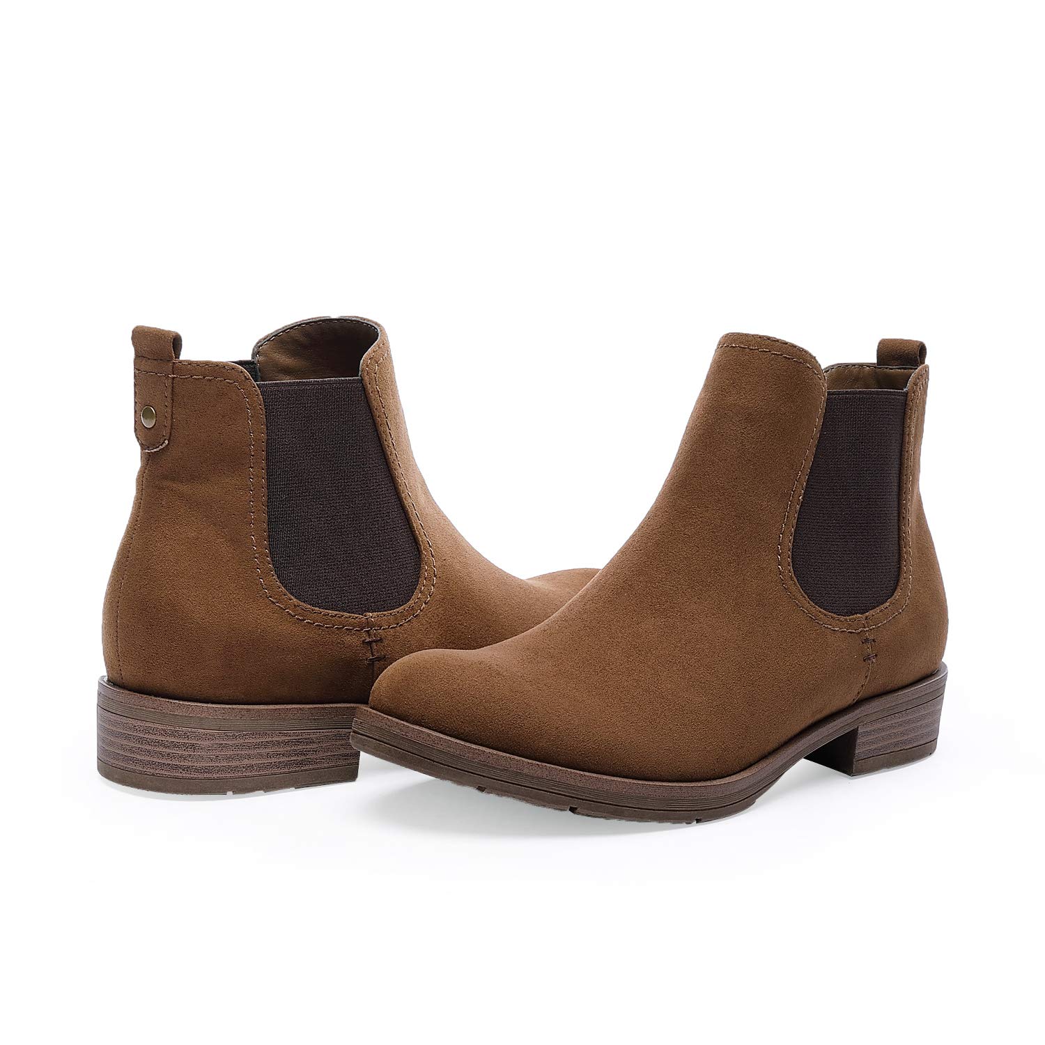 TIHOO Women\'s Low Heel Elastic Side Panel Round Toe Ankle Booties (10 M US, Brown)