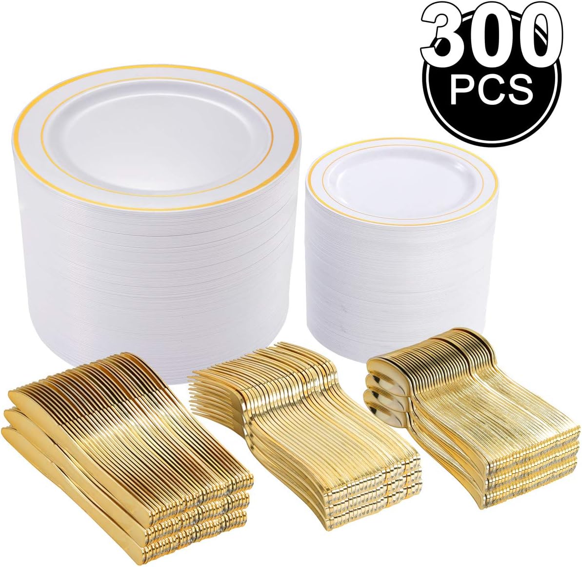 300 Pieces Gold Plastic Plates with Disposable Silverware, 60 Guests Tableware Set include: 60 Dinner Plates 10.25", 60 Dessert Plates 7.5", 60 Forks, 60 Knives and 60 Spoons