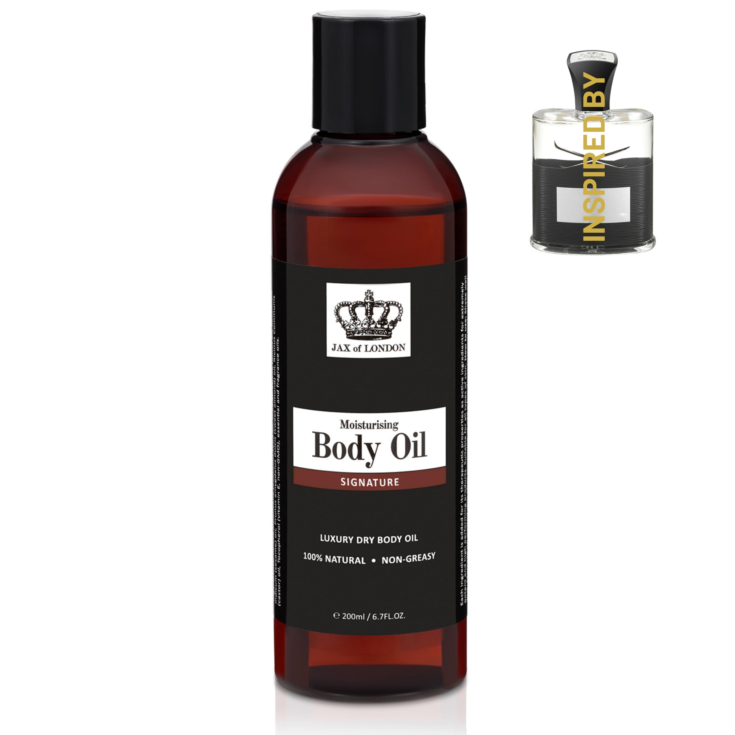 Jax of London Cologne Inspired Body Oil 200ml – Signature Scent Inspired by Aventus – for Men & Unisex Fragrance – 100% Natural Ingredients – Moisturising Oil for Body & Hair – Helps Stretch Marks
