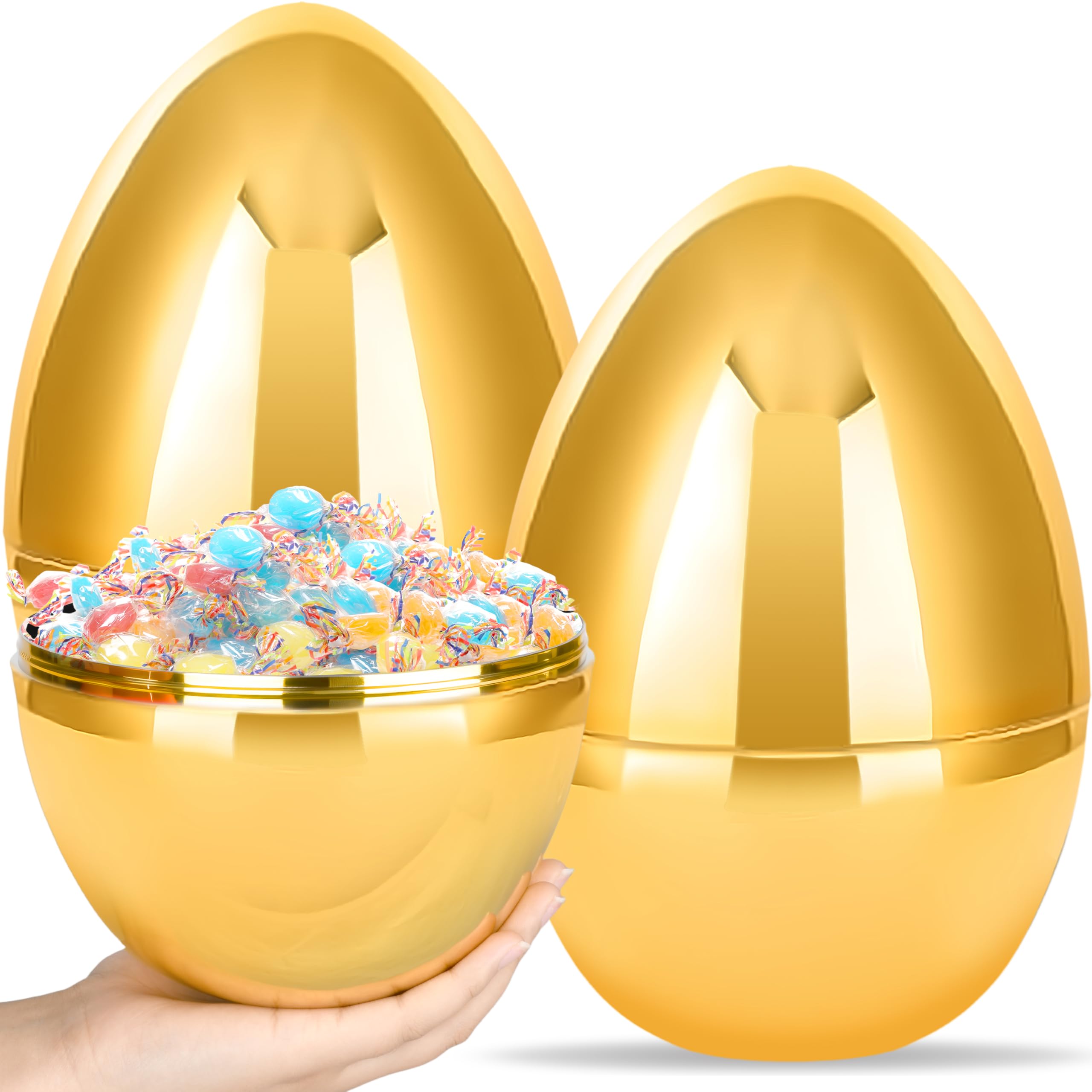 Octeric 2 Pcs 10" Jumbo Golden Easter Eggs, Fillable Shiny Metallic Plastic Eggs for Filling Treats Toys Gift Baskets Filler Stuffers, Easter Hunt Decor, Party Favor, Classroom Prize Supplies