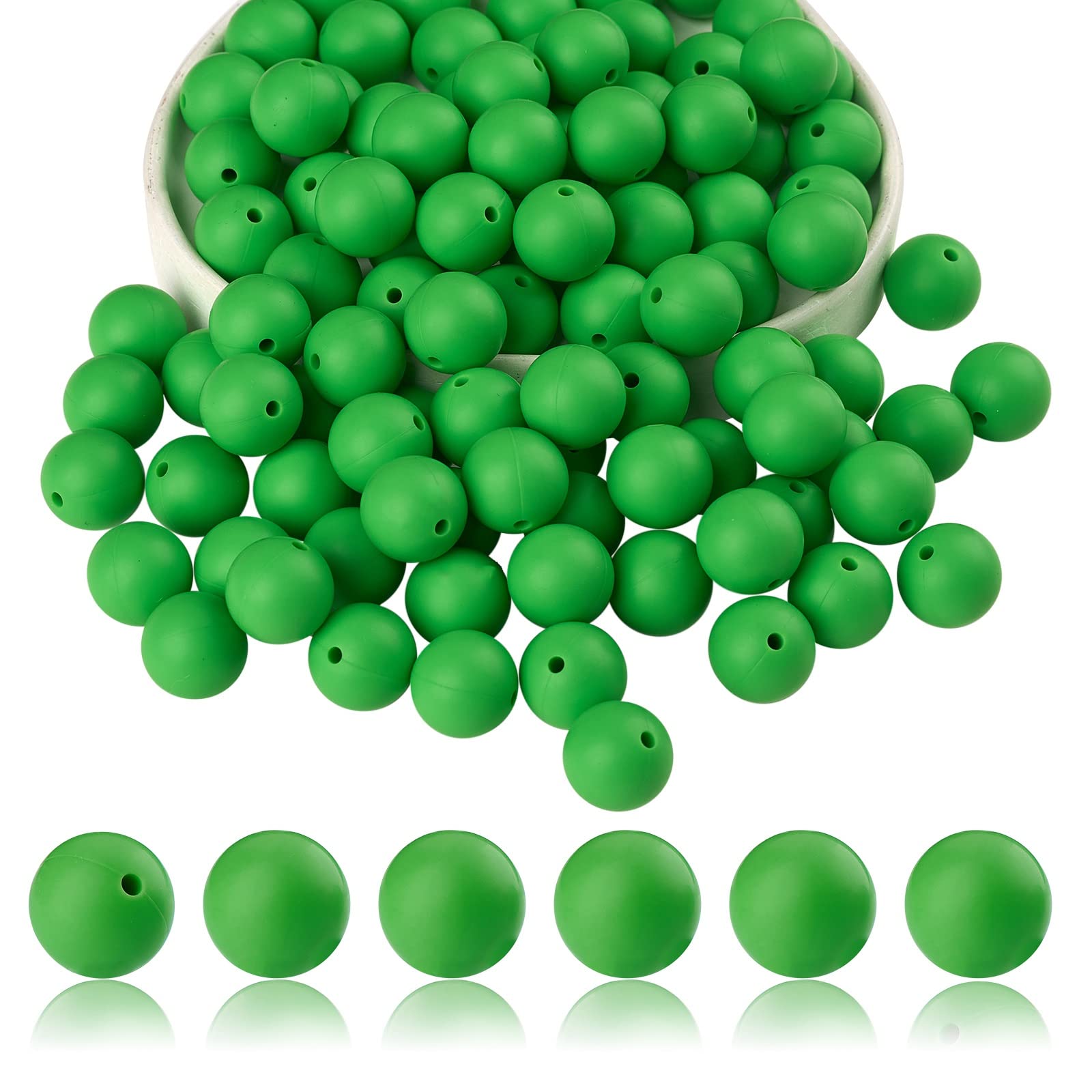 BEEFLYING 100 Pieces Silicone Beads 15mm Round Rubber Focal Bead Loose Spacer Beads for Keychain Making, Pen Bracelet Necklace Jewelry DIY Craft (Green) — image 1
