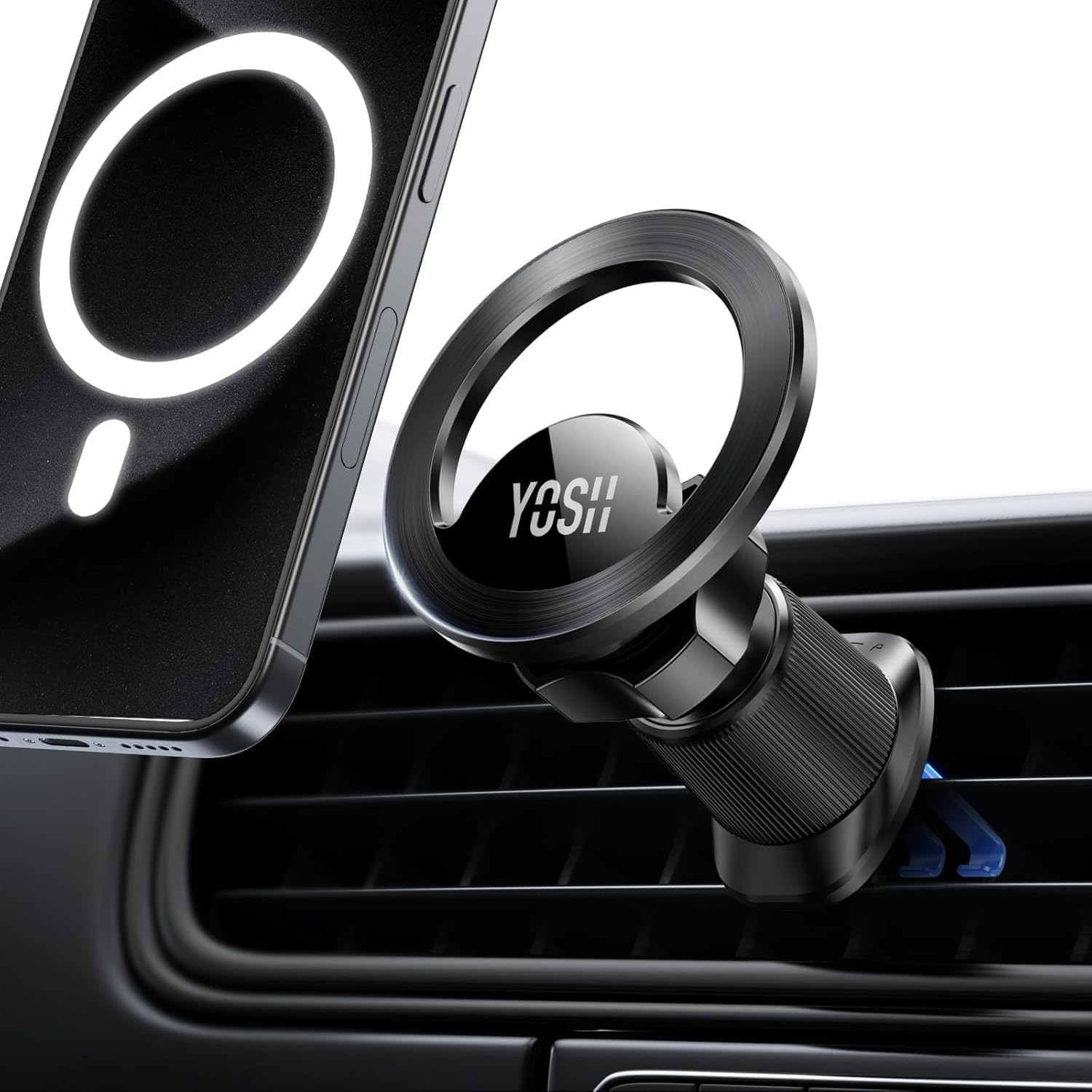 YOSH for MagSafe Car Mount, Air Vent Magnetic Phone Holder with 20 x N55 Magnets & 60g Ultra-Light Design, Stable [Double Metal Hook] Holder for iPhone 17/16/15/14/13/12 Series. Fits MagSafe Case