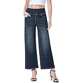 Chasehot Wide Leg Capri Jeans for Women, Pull on High Waisted Trendy Stretchy Straight Leg Baggy Cropped Tummy Control Jeans