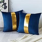 Artscope Navy Blue Velvet Throw Pillow Covers with Gold Leather Stitching Luxury Modern Minimalist Square Pillowcase Cushion Covers for Bed Couch Sofa 18x18Inch Set of 2