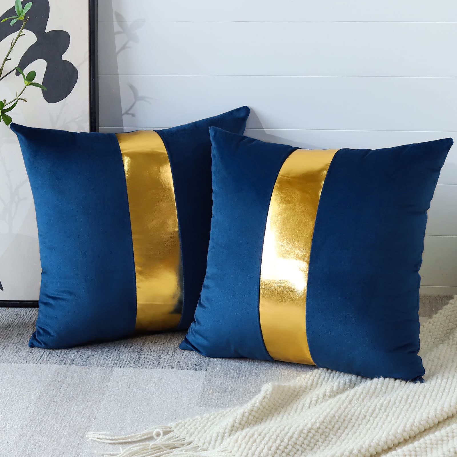 Artscope Navy Blue Velvet Cushion Covers with Gold Leather Stitching Luxury Modern Minimalist Square Pillowcase Throw Pillow Covers for Bed Couch Sofa 45x45cm Set of 2