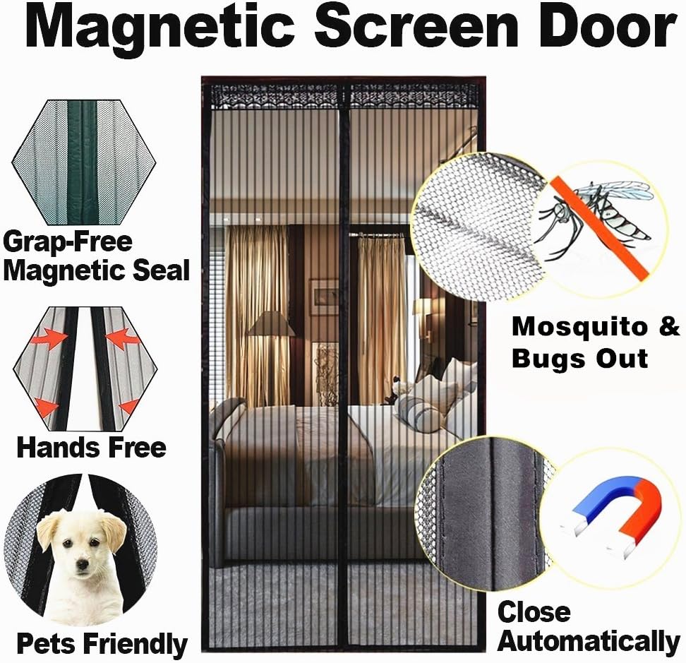 Magnetic Screen Door, Heavy Duty Mesh Curtain with 2017 New Full Frame Velcro Keep Bugs & Mosquitoes Out Fits Doors Size Up to 34"W x 82"H Max