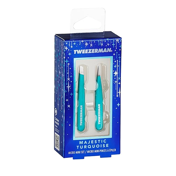 TWEEZERMAN MAJESTIC TURQUOISE MICRO MINI SLANT & POINT TWEEZER SET – EYEBROW TWEEZERS FOR WOMEN AND MEN