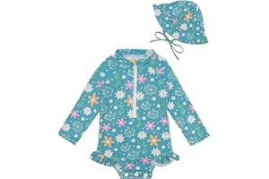 ALVA Baby Girl Swimsuit with Hat Girls One Piece Rash Guard Swimwear Long Sleeve Ruffle Swimsuit UPF 50+ Sun Protection