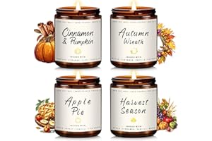 Auelife Fall Candle Set | 4 Pack Scented Candles for Home - Candle Gifts for Women Men, Soy Candles Home Scented | Autumn Fragrance of - Apple Pie/Cinnamon/Harvest/Wreath