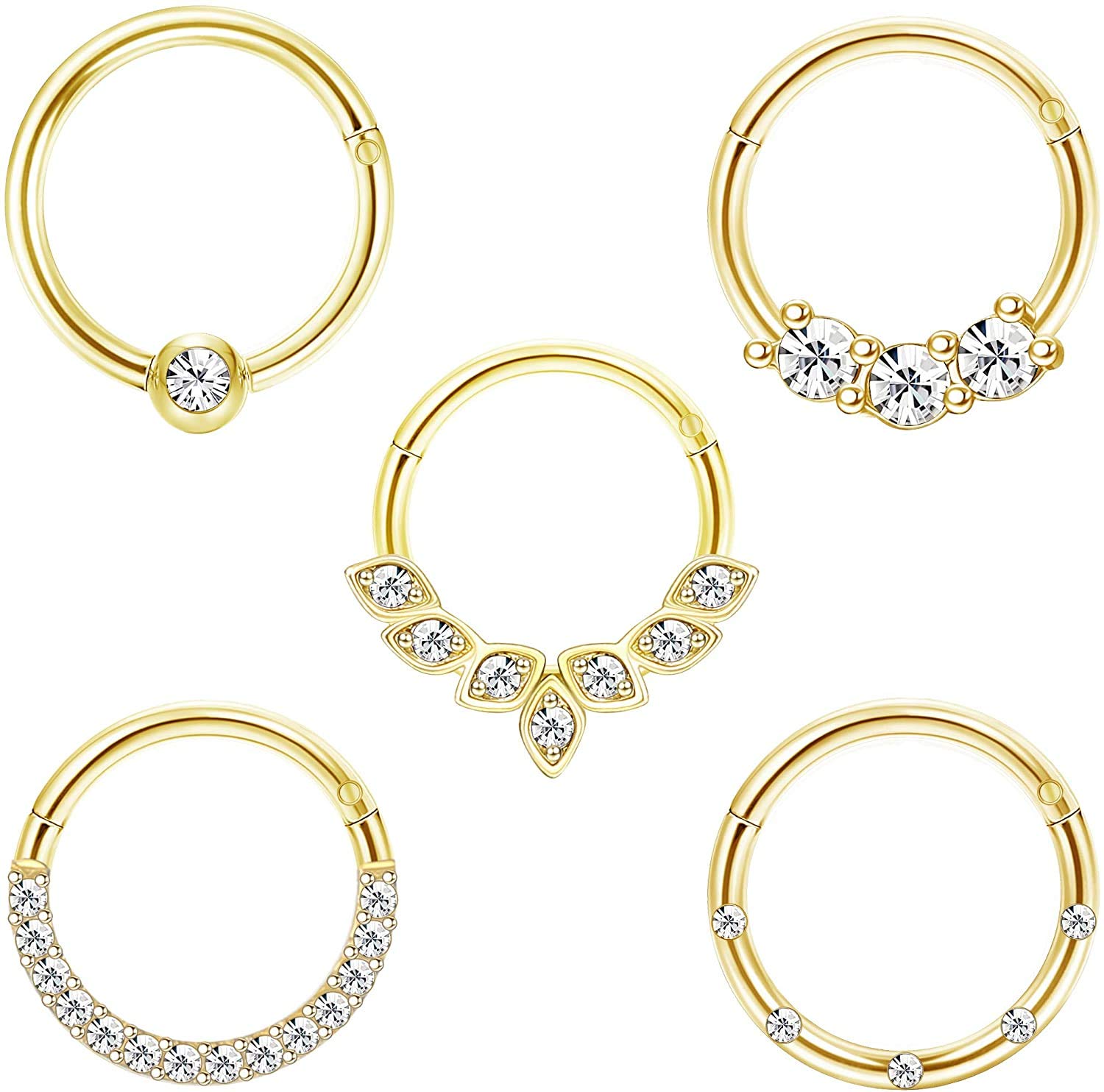 Adramata Daith Earrings 16G Stainless Steel Cartilage Helix Tragus Nose Hoop Piercing Jewelry 8MM 10mm Silver Gold Rose Gold Black Plated CZ Hinged Septum Clicker Rings