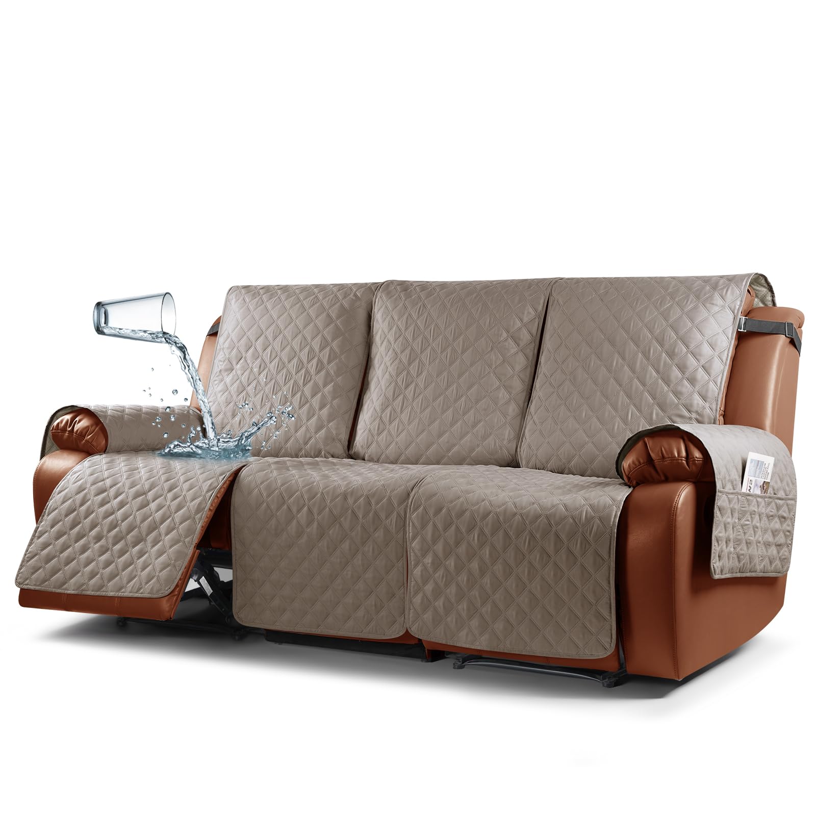 Photo 1 of Ruaozz Waterproof Recliner Sofa Cover 1-Piece Couch Covers for Reclining Couches Reclining Sofa Cover Washable Furniture Protector with Elastic Straps Pocket for Kids, Pets (Khaki, 3 Seater)