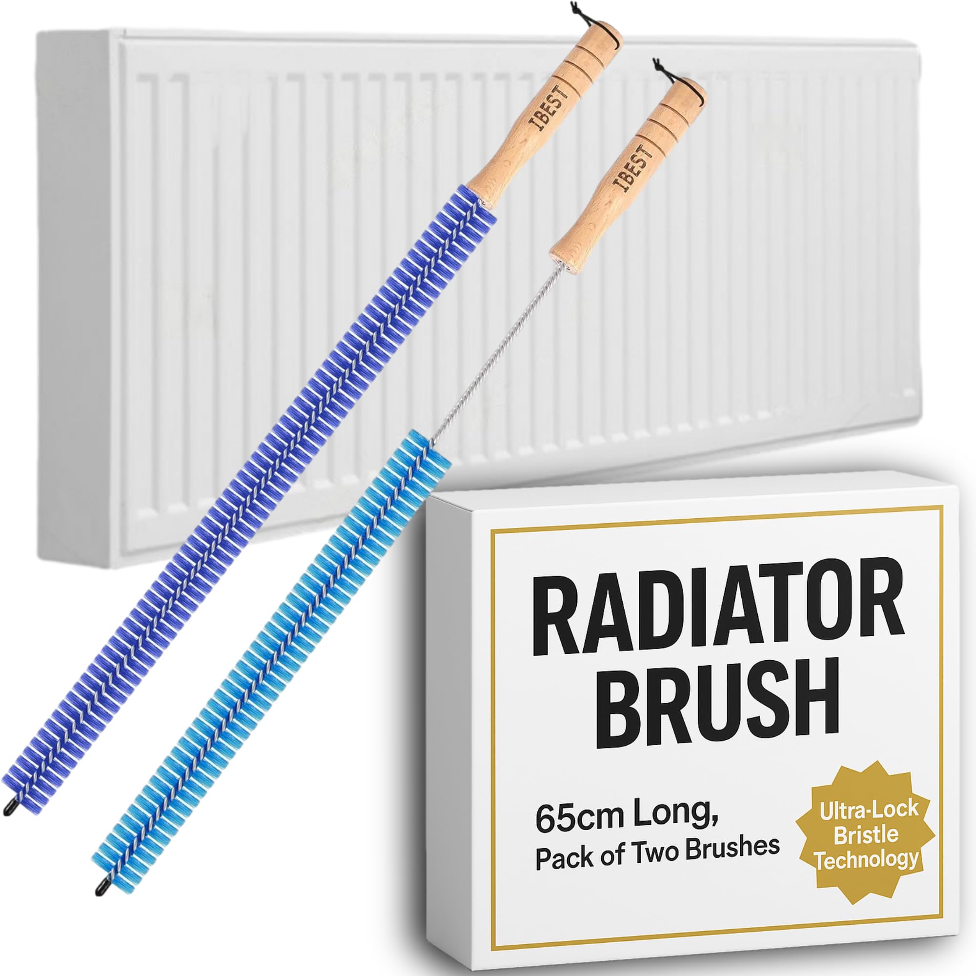 Radiator Brush with Wooden Handle | Pack of 2 Radiator Cleaner Brush with Hanging Hook Loop | Multi-Purpose, Flexible, Thin, 65CM Long | Efficient and Easy Cleaning of Home and Office (Colourful)