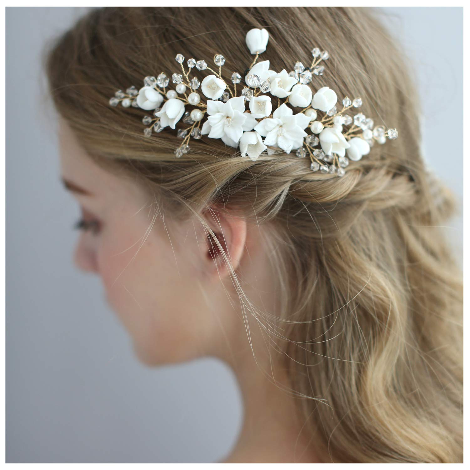 HONEY BEAR Bridal Jewellery Floral Hair Combs for Womens Wedding Accessories,Simulated Pearl and Rhinestones (Ceramic flower B)