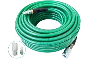 SANFU Polyurethane(PU) Reinforced 3/8”ID x 100ft, Air Hose, Non-kinking With 3/8” Reassembled Industrial High Flow Quick Coupler and Plug, Bend Restrictor, Dark Green(100’)